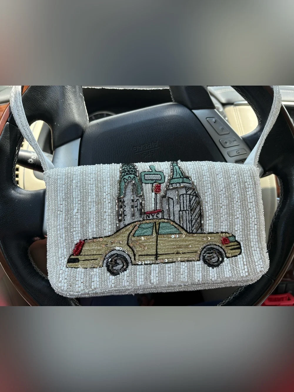 Beaded White Taxi Cityscape Shoulder Bag